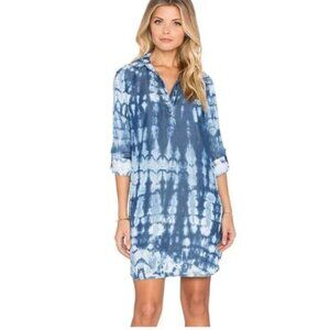 Splendid Women's Chambray Blue Tie-Dye Long-Sleeve Shirt Dress L